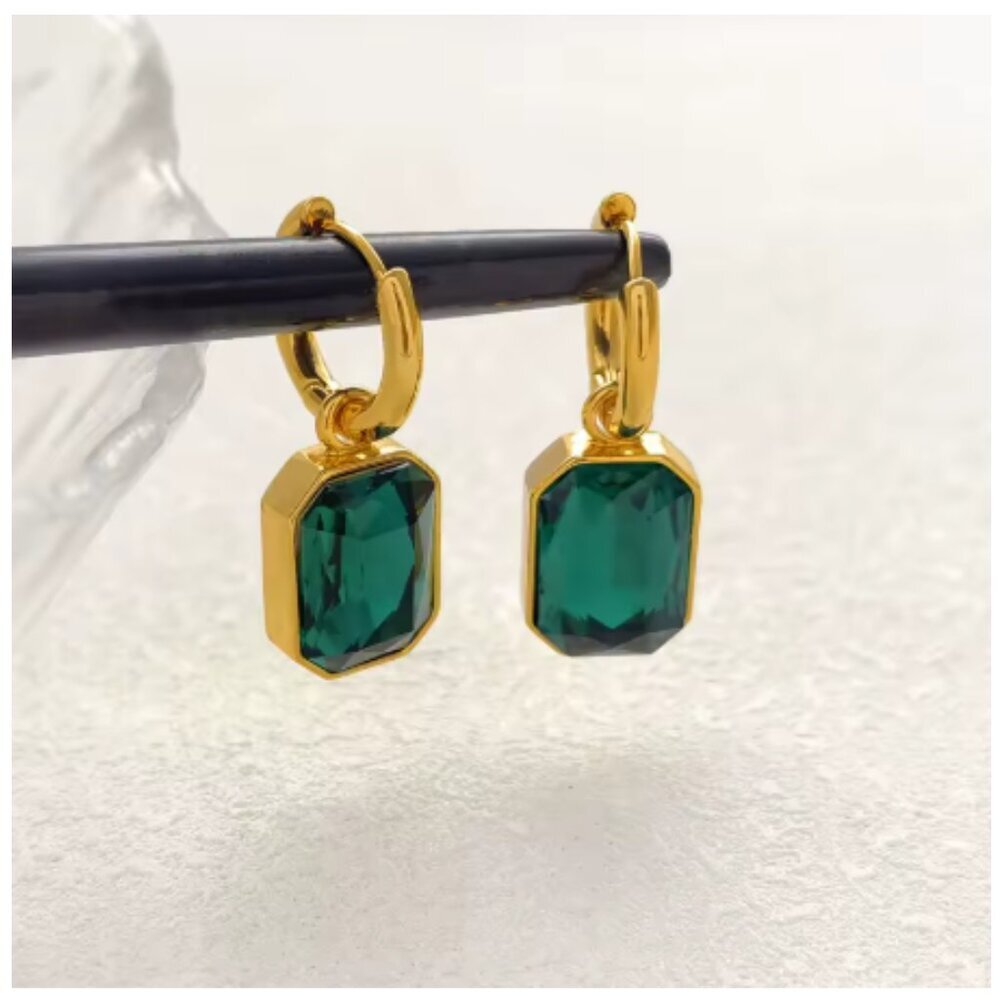 Gold Plated Square Hoop Dangle Earrings with Green Stones – Vintage Style